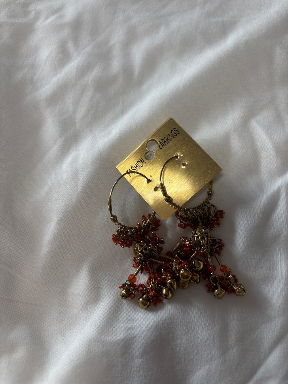 Gold-Tone Hoop Earrings with Red Bead Charms